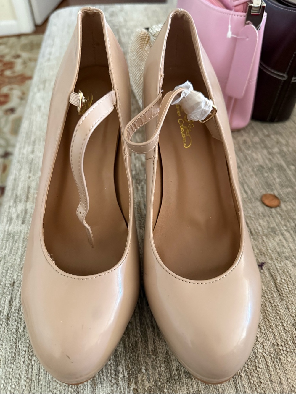 Women’s Nude Patent Mary Jane Heels with Ankle Strap